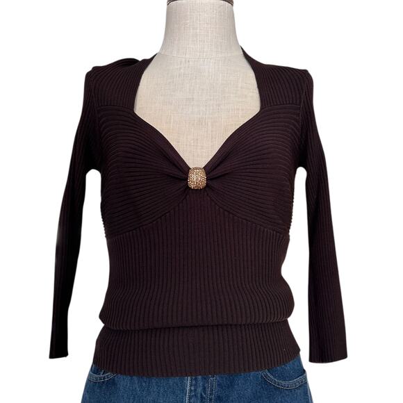 Cache Brown Gold Ribbed Tube Top Shirt Womens Sz Large Y2K V Neck 3/4 Sleeve - Picture 2 of 16